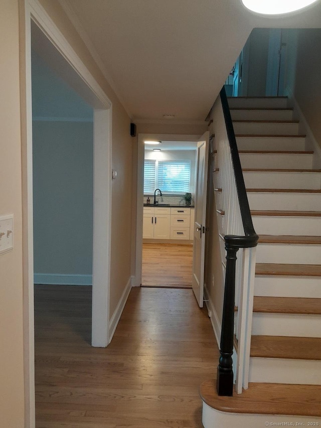 stairway with wood-type flooring and sink