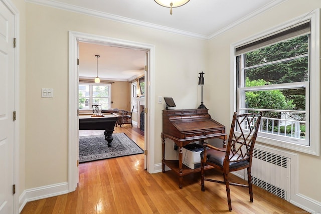 miscellaneous room with pool table, radiator heating unit, light hardwood / wood-style floors, and ornamental molding