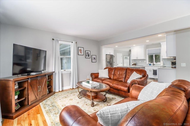 living room with a healthy amount of sunlight, light wood-type flooring, and sink