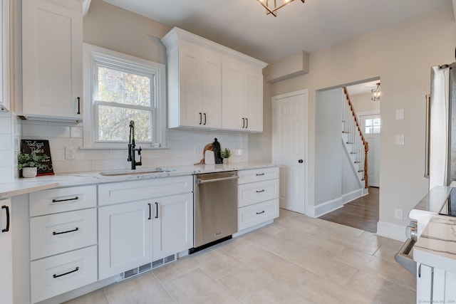 kitchen with stainless steel dishwasher, backsplash, white cabinets, and sink