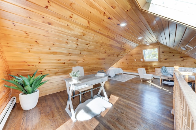 office space featuring baseboard heating, wooden walls, dark wood-type flooring, and wooden ceiling