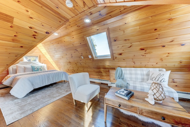 bedroom with wooden ceiling, a baseboard heating unit, wooden walls, vaulted ceiling with skylight, and hardwood / wood-style flooring