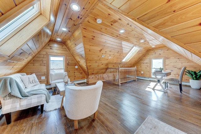 sitting room featuring wood-type flooring, wooden walls, and wooden ceiling