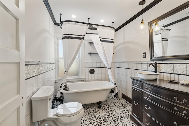 full bathroom featuring tile walls, vanity, ornamental molding, plus walk in shower, and toilet