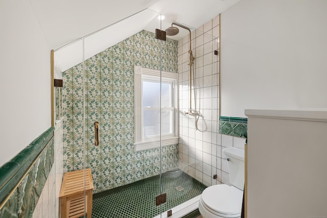 bathroom with toilet, vaulted ceiling, tile walls, and a shower with shower door