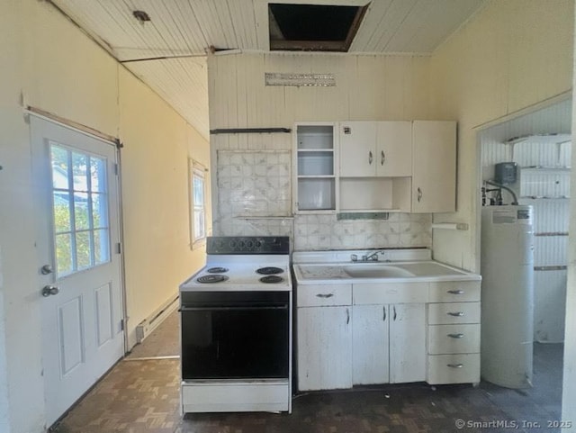 kitchen featuring white cabinetry, sink, a baseboard radiator, water heater, and white range with electric stovetop
