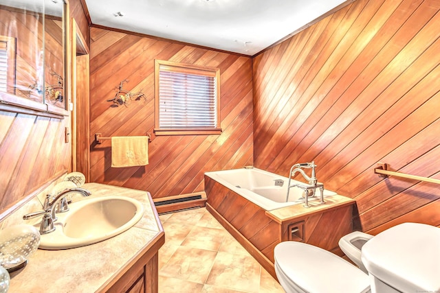 bathroom featuring toilet, a bathtub, wood walls, and a baseboard heating unit