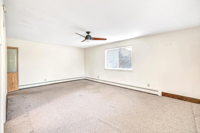 spare room with ceiling fan and a baseboard radiator