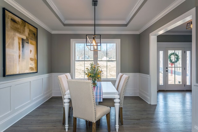 LOT7 Deerwood Rd, Oxford, CT 06478 - dining area with a tray ceiling, dark wood-style floors, a decorative wall, a wainscoted wall, and ornamental molding