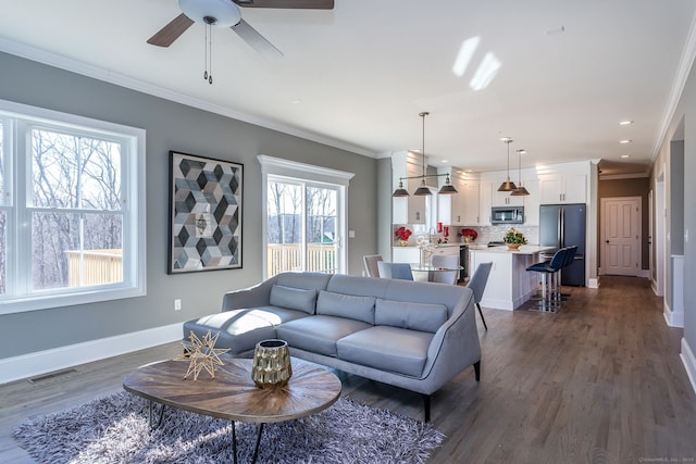 LOT7 Deerwood Rd, Oxford, CT 06478 - living room featuring crown molding, a ceiling fan, dark wood-style floors, baseboards, and recessed lighting