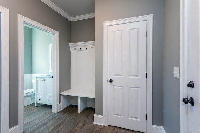 LOT7 Deerwood Rd, Oxford, CT 06478 - mudroom featuring dark wood-type flooring, ornamental molding, and a wainscoted wall