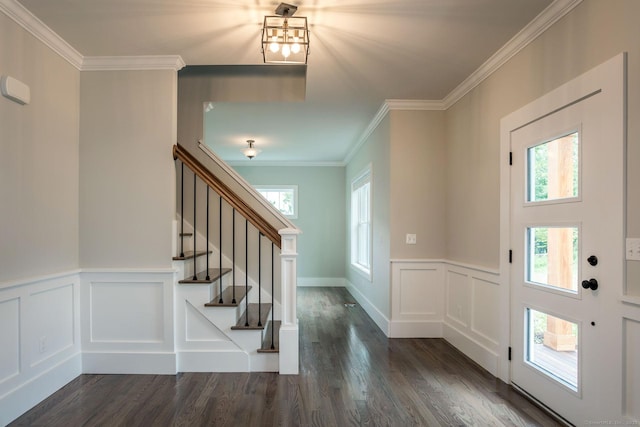 foyer with a healthy amount of sunlight, dark hardwood / wood-style floors, and ornamental molding