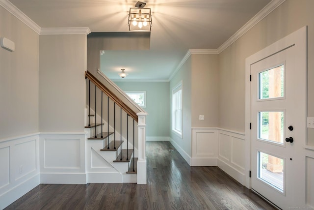 LOT7 Deerwood Rd, Oxford, CT 06478 - entryway featuring a decorative wall, ornamental molding, stairway, wood finished floors, and a wainscoted wall