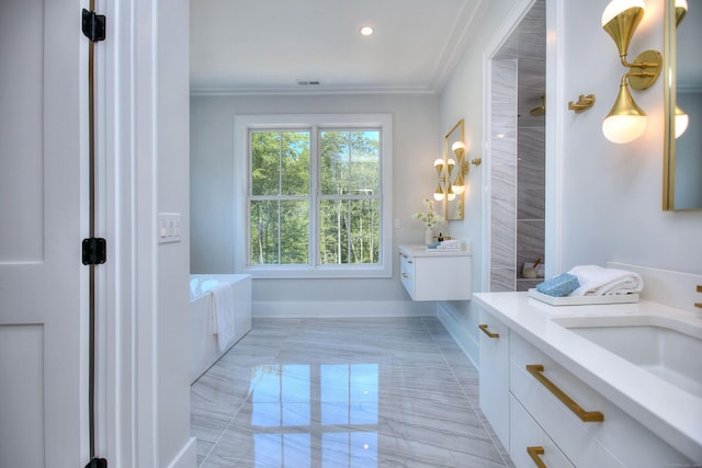 bathroom featuring vanity, a bath, and crown molding