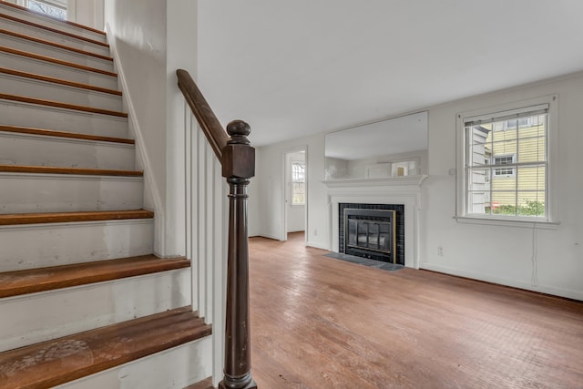 staircase featuring a fireplace and wood-type flooring