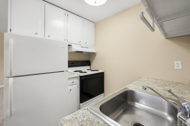 kitchen with white cabinets, white appliances, light stone counters, and sink