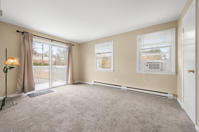 carpeted spare room featuring cooling unit and a baseboard heating unit