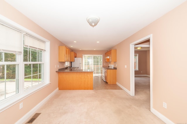 kitchen with kitchen peninsula, light carpet, and white appliances