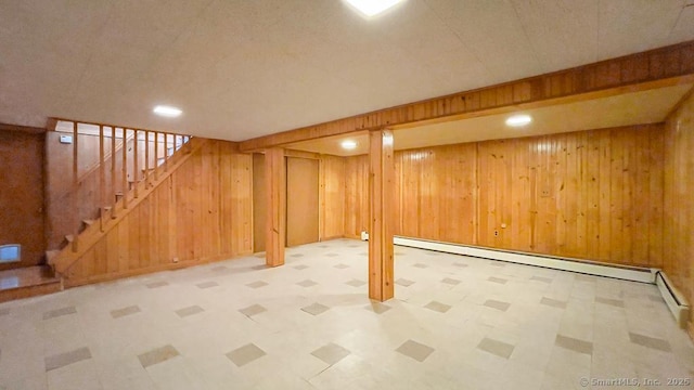 basement featuring baseboard heating and wood walls