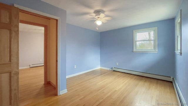 empty room featuring ceiling fan, light hardwood / wood-style flooring, and a baseboard radiator