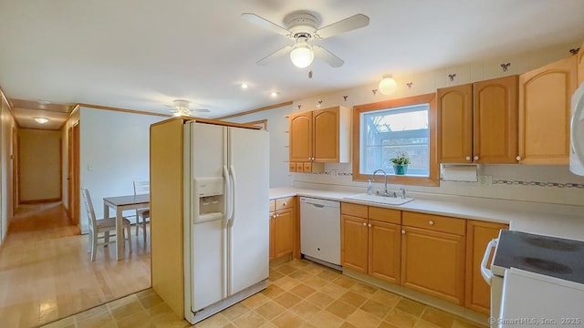 kitchen featuring ceiling fan, sink, white appliances, and tasteful backsplash