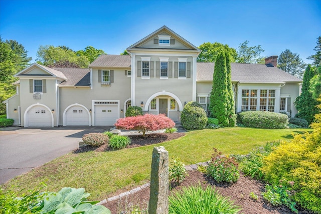 view of front of property featuring a front yard and a garage