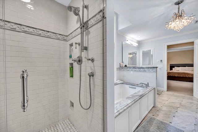 bathroom with vanity, separate shower and tub, and crown molding