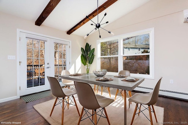 dining area featuring a chandelier, french doors, lofted ceiling with beams, and dark wood-type flooring