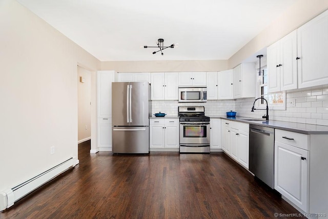 kitchen featuring white cabinets, sink, appliances with stainless steel finishes, a baseboard radiator, and dark hardwood / wood-style flooring