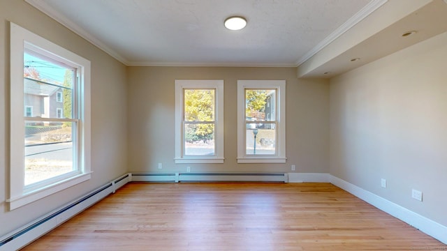 unfurnished room featuring light wood-type flooring, ornamental molding, and baseboard heating