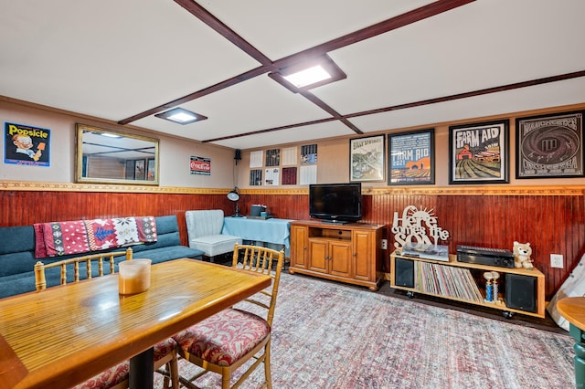 living room with wood walls