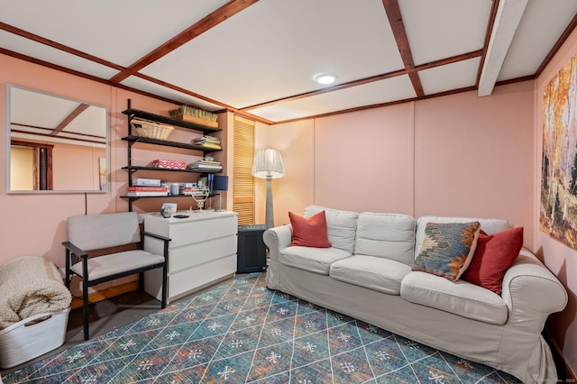 living room featuring beamed ceiling