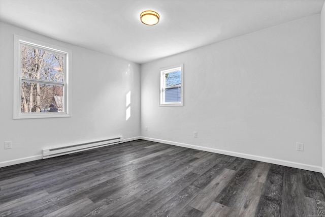 unfurnished room with dark wood-type flooring and a baseboard heating unit