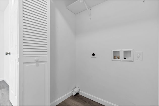 clothes washing area with electric dryer hookup, dark wood-type flooring, and washer hookup