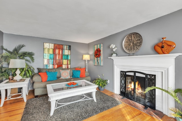 living room with hardwood / wood-style flooring and a fireplace