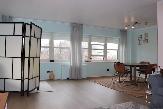 dining space featuring crown molding and wood-type flooring