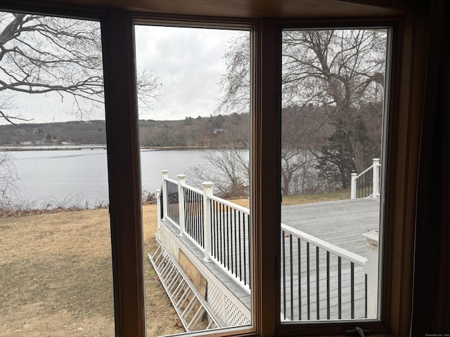 doorway featuring a healthy amount of sunlight and a water view