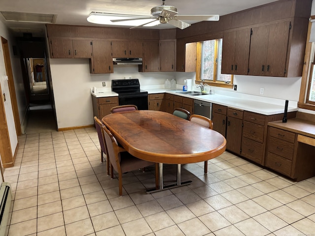 kitchen with stainless steel dishwasher, black range with electric cooktop, ceiling fan, sink, and a baseboard radiator