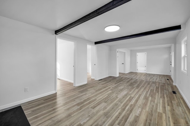 unfurnished living room with beam ceiling and light hardwood / wood-style flooring