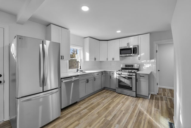 kitchen with appliances with stainless steel finishes, gray cabinetry, backsplash, light hardwood / wood-style floors, and beam ceiling