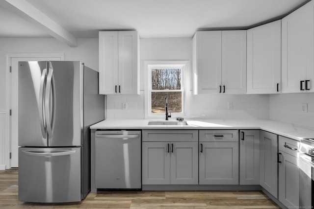 kitchen with sink, tasteful backsplash, light wood-type flooring, appliances with stainless steel finishes, and gray cabinets