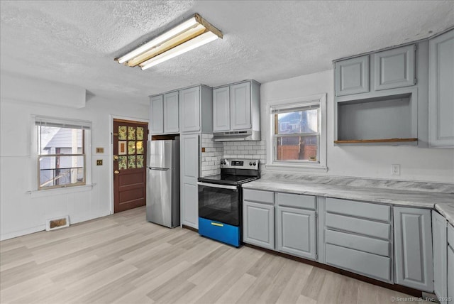 kitchen featuring plenty of natural light, gray cabinets, backsplash, and appliances with stainless steel finishes