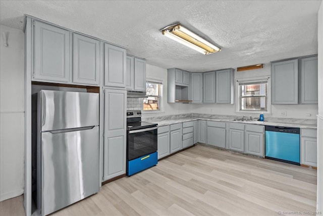 kitchen featuring appliances with stainless steel finishes, gray cabinetry, a textured ceiling, sink, and light hardwood / wood-style floors