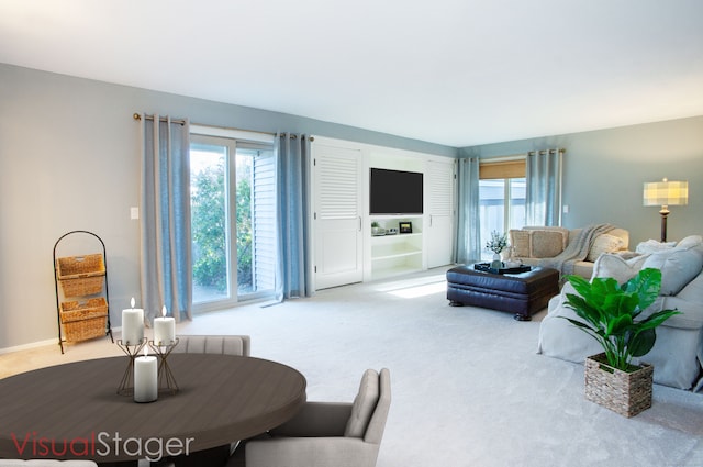 carpeted living room featuring plenty of natural light