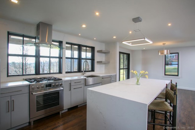 kitchen featuring stainless steel appliances, sink, decorative light fixtures, a center island, and range hood