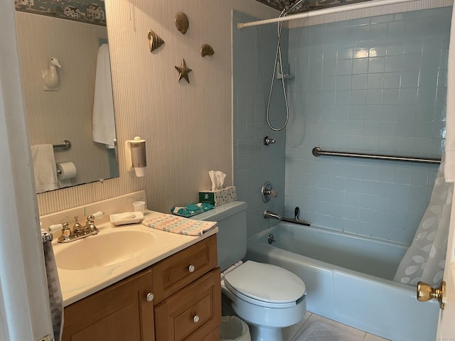 full bathroom featuring vanity, tile patterned floors, toilet, and shower / bathtub combination with curtain