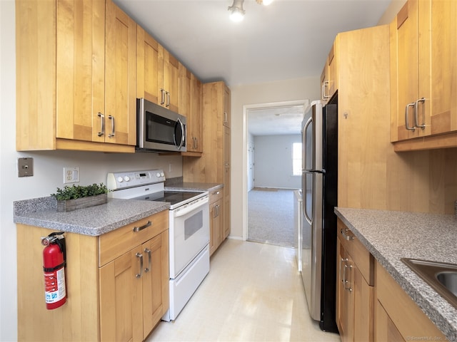 kitchen with light carpet and appliances with stainless steel finishes