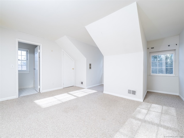 additional living space featuring light carpet and vaulted ceiling