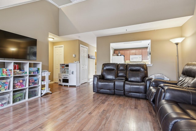 living room featuring high vaulted ceiling and light hardwood / wood-style flooring