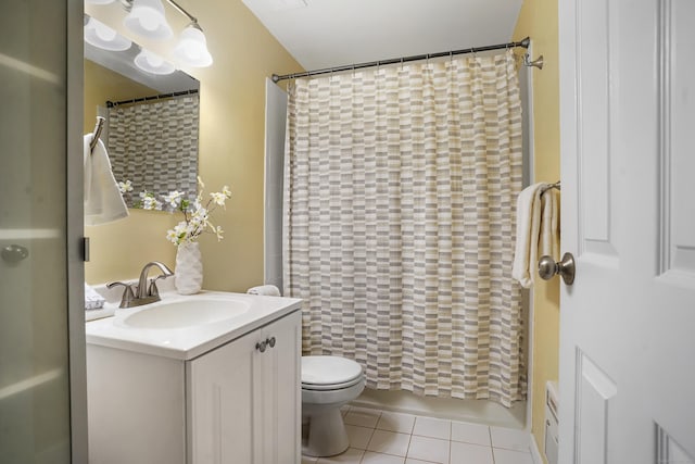 full bathroom with toilet, shower / bath combo, vanity, and tile patterned floors